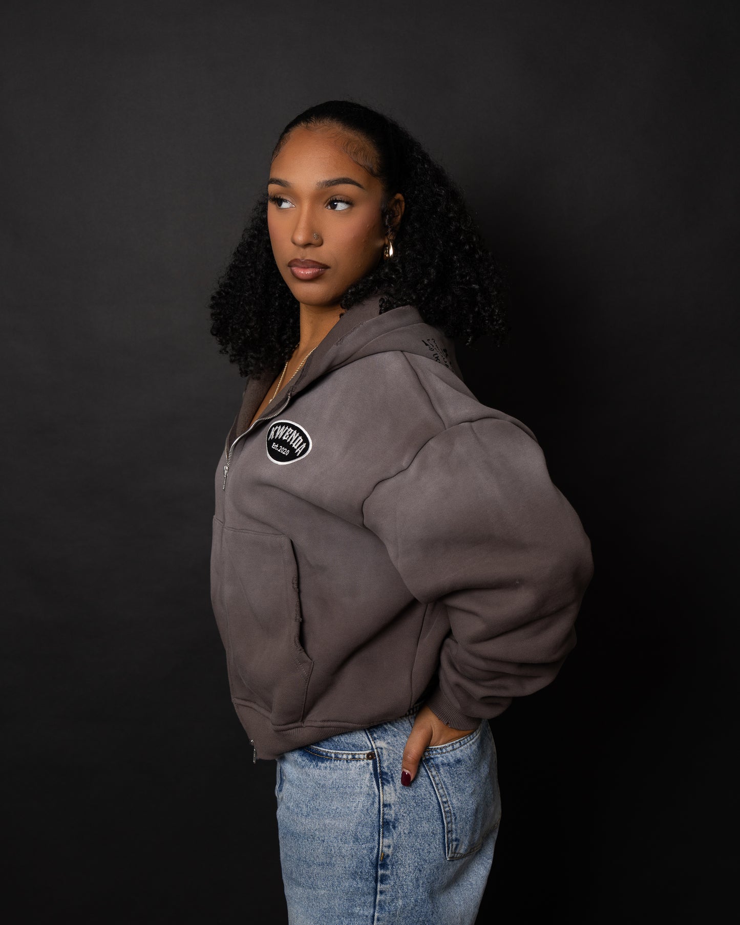 Distressed Cropped Charcoal Grey Zip Up